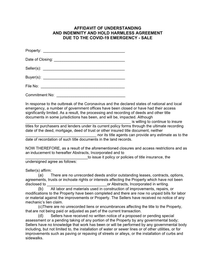 Affidavit Of Understanding Indemnity Hold Harmless Due To COVID - Sale | Pdf Fpdf Docx | New York