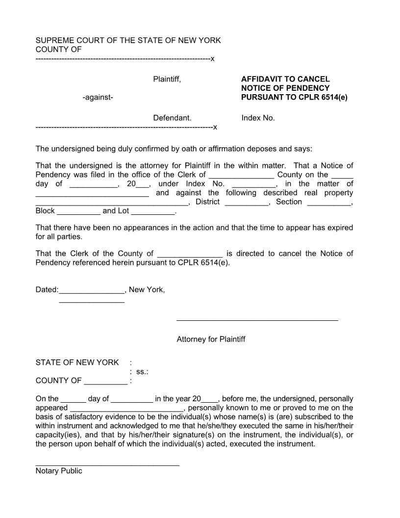 Affidavit To Cancel Notice Of Pendency Pursuant to CPLR_6514(e) | Pdf Fpdf Docx | New York