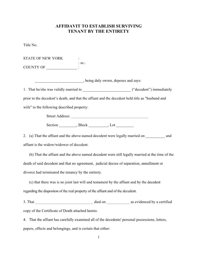 Affidavit To Establish Surviving Tenant By The Entirety | Pdf Fpdf Docx | New York