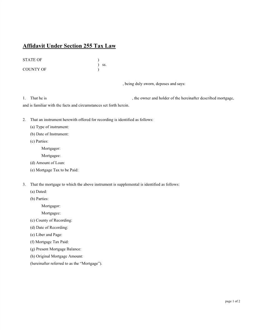 Affidavit Under Section 255 Tax Law (With Mortgage Assignment) | Pdf Fpdf Docx | New York