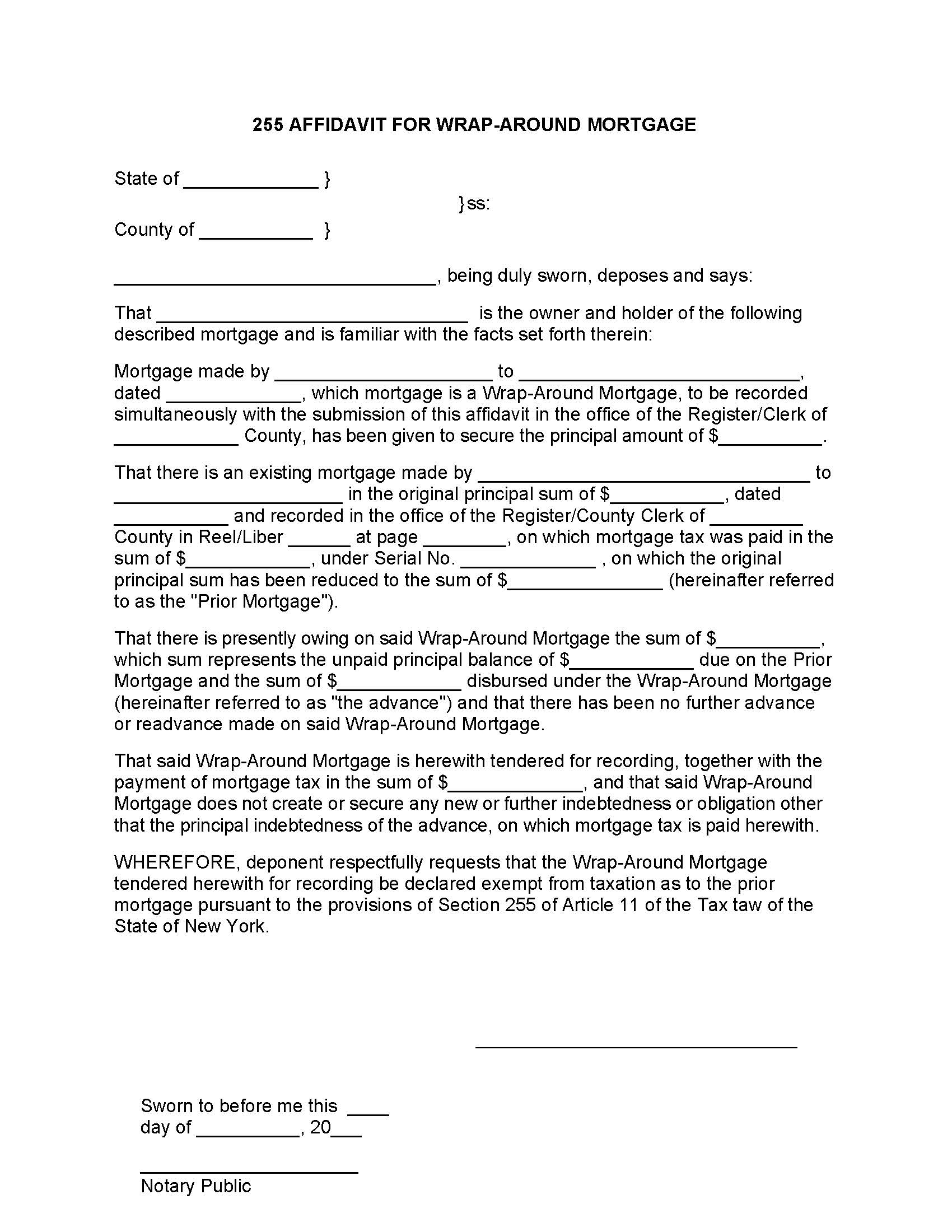 Affidavit Under Section 255 Tax Law (Wraparound Mortgage) | Pdf Fpdf Docx | New York