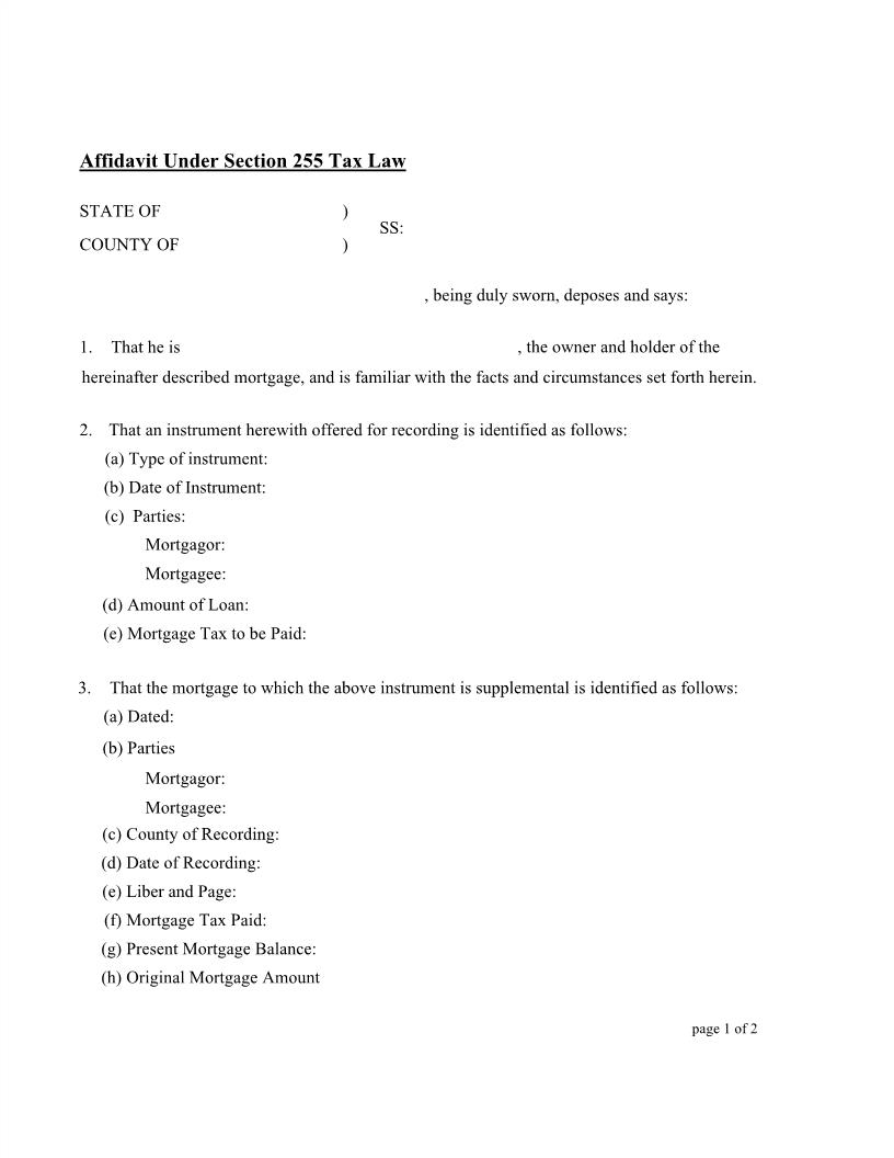 Affidavit Under Section 255 Tax Law | Pdf Fpdf Docx | New York