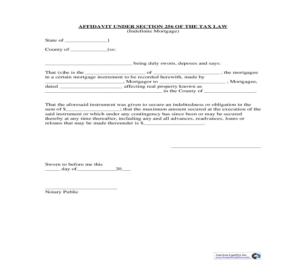 Affidavit Under Section 256 Of The Tax Law (Indefinite Mortgage) | Pdf Fpdf Doc Docx | New York