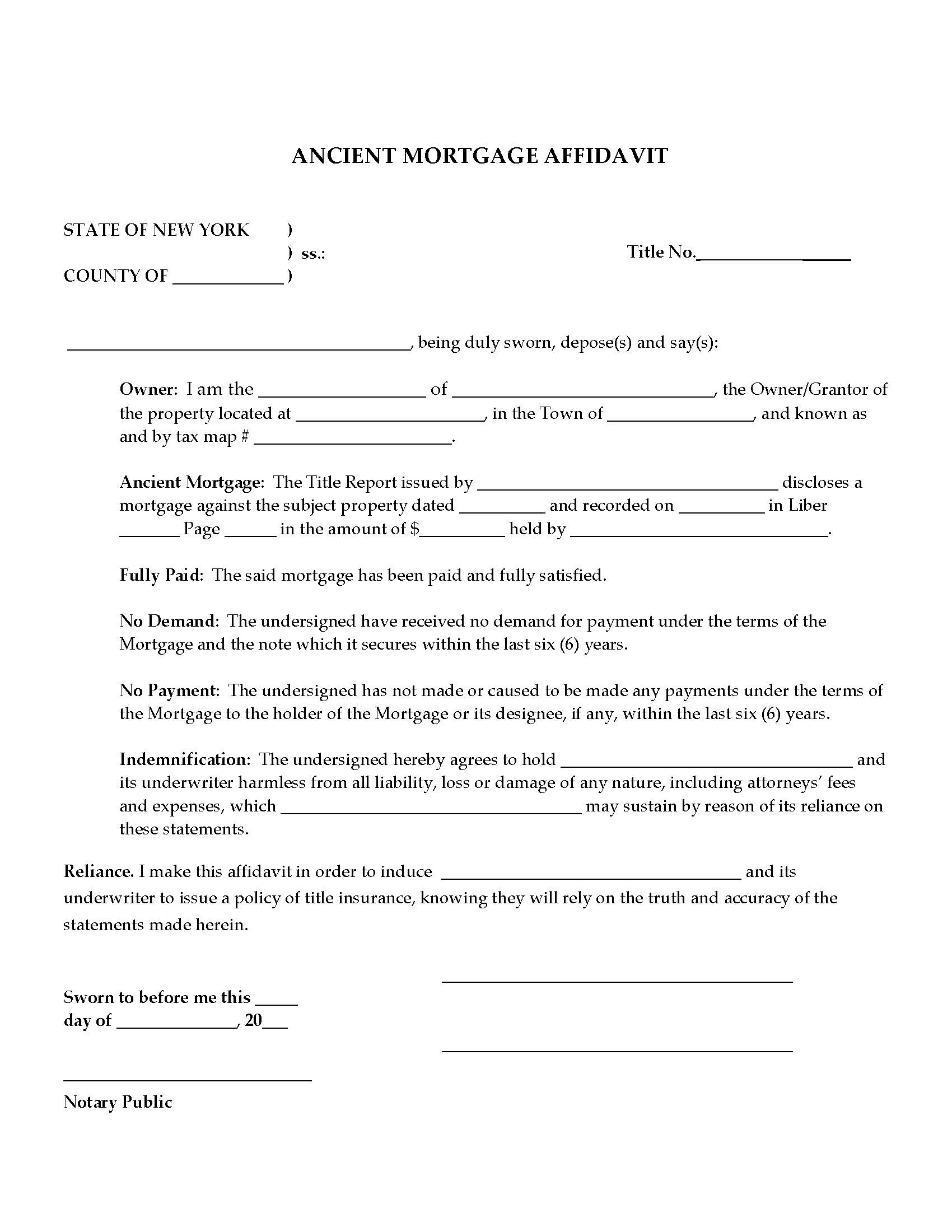 Ancient Mortgage Affidavit | Pdf Fpdf Docx | New York