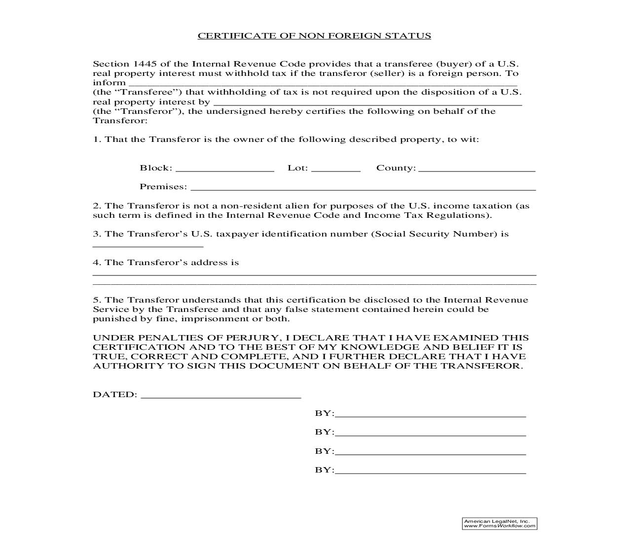 Certificate Of Non Foreign Status (FIRPTA) | Pdf Fpdf Doc Docx | New York