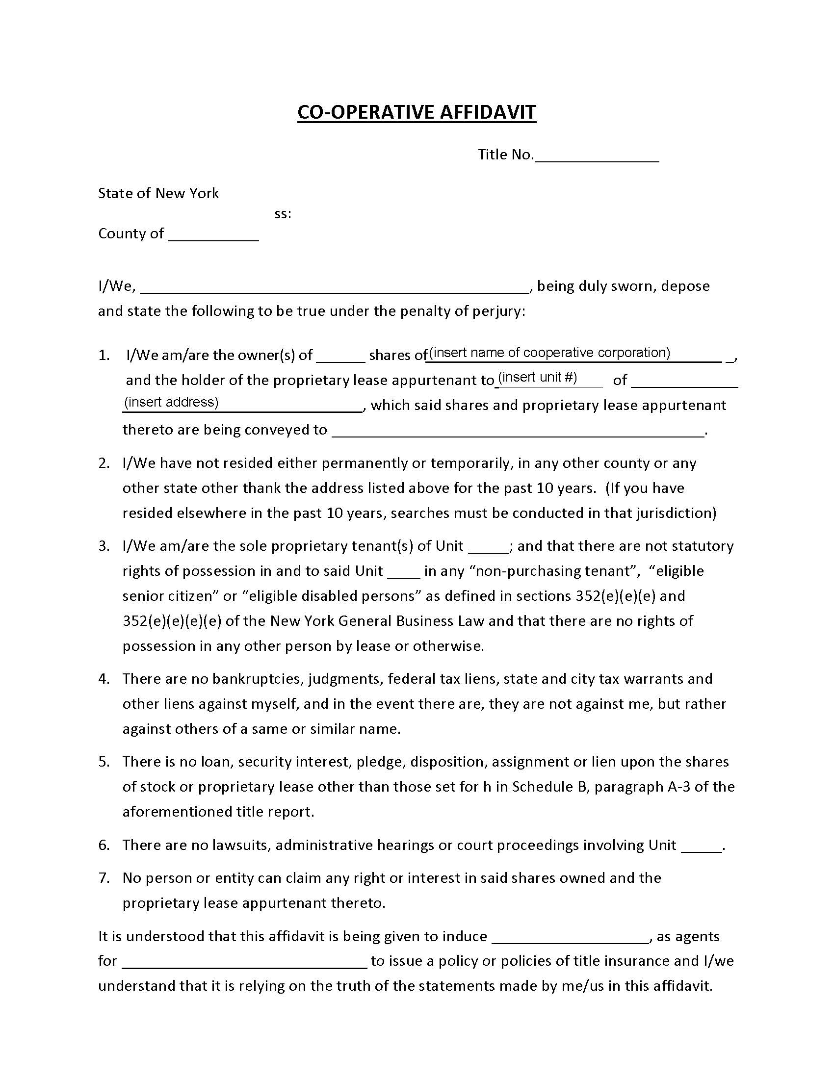 Cooperative Affidavit | Pdf Fpdf Doc Docx | New York