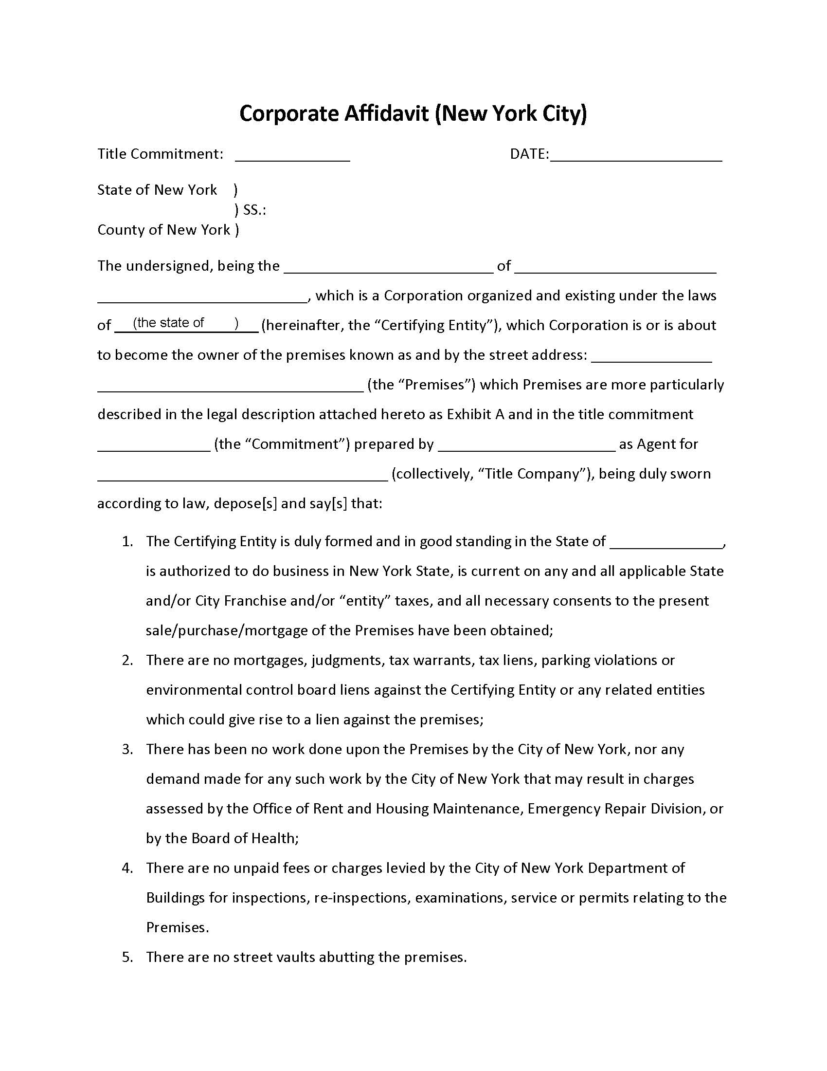 Corporate Affidavit (NYC) | Pdf Fpdf Docx | New York