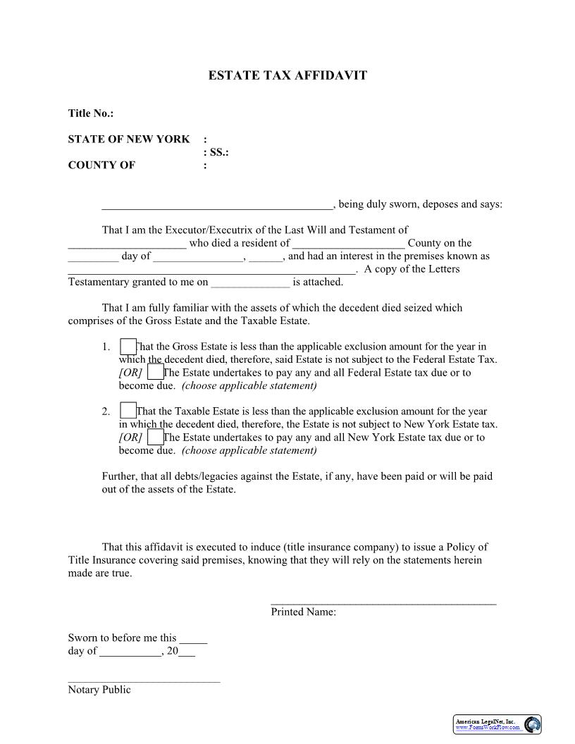 Estate Tax Affidavit (Federal And Or New York) | Pdf Fpdf Docx | New York