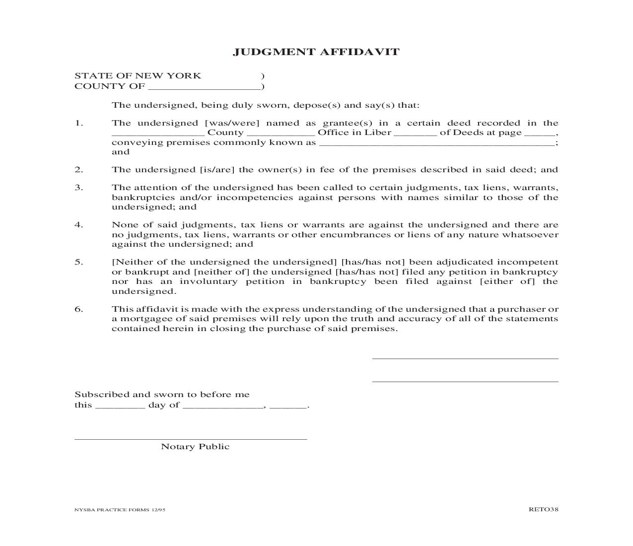 Judgment Affidavit {RET038} | Pdf Fpdf Doc Docx | New York