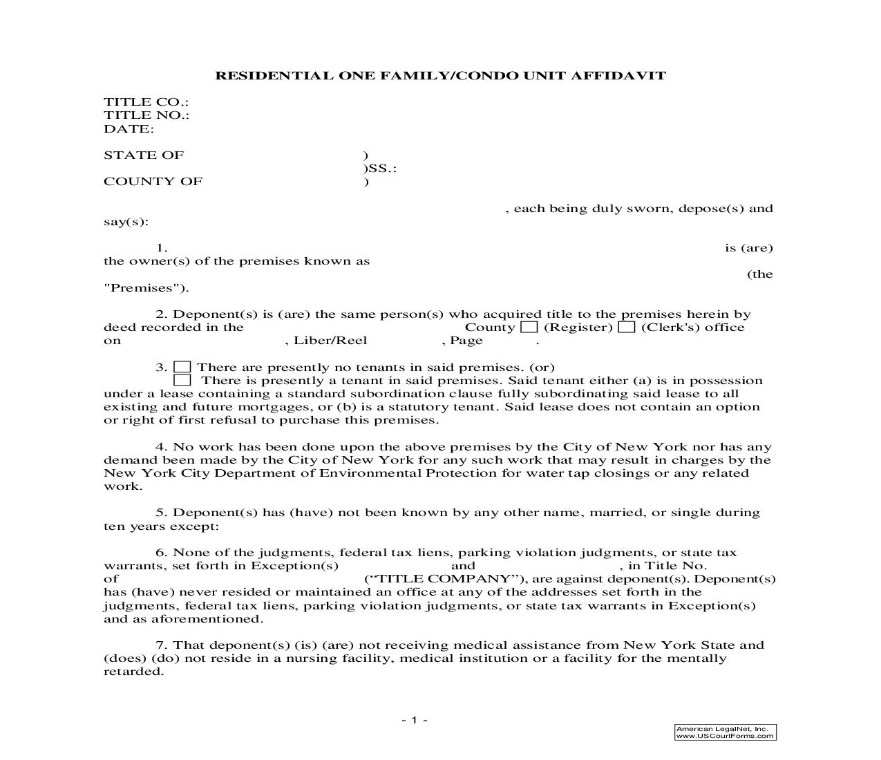 Residential One Family Condo Unit Affidavit | Pdf Fpdf Doc Docx | New York
