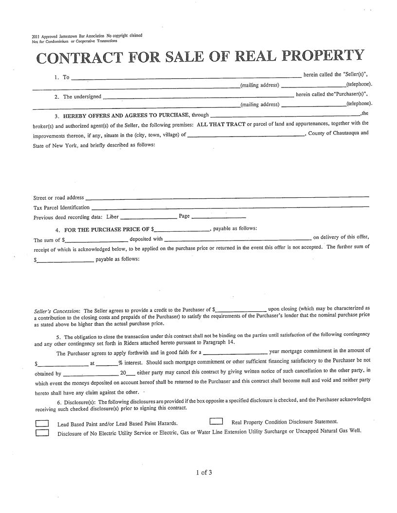 Contract For Sale Of Real Property With Riders (Chautauqua County) | Pdf Fpdf Docx | New York