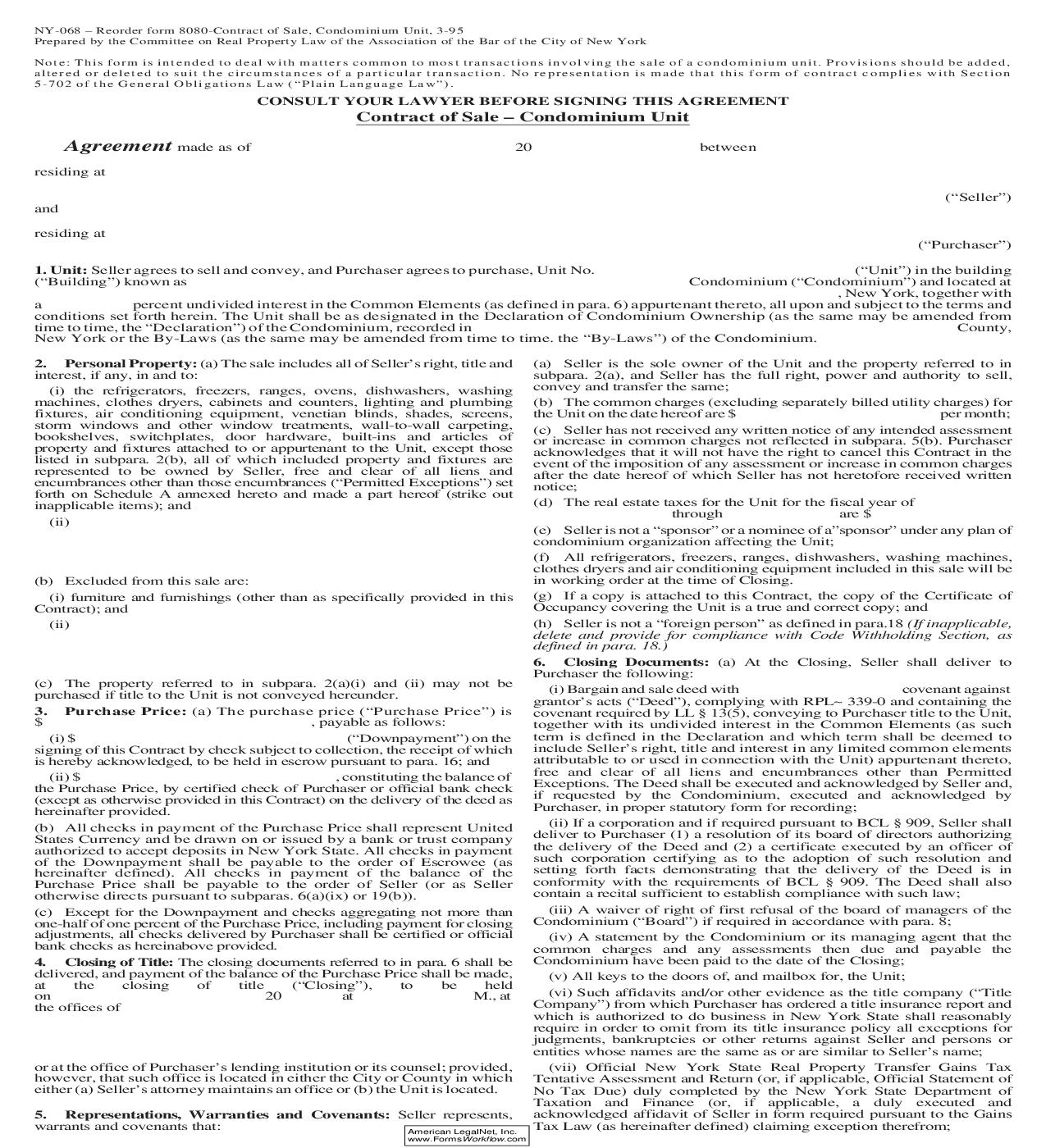 Contract Of Sale - Condominium Unit {NY068} | Pdf Fpdf Doc Docx | New York