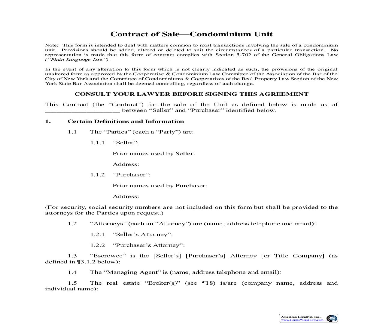 Contract Of Sale - Condominium Unit | Pdf Fpdf Doc Docx | New York