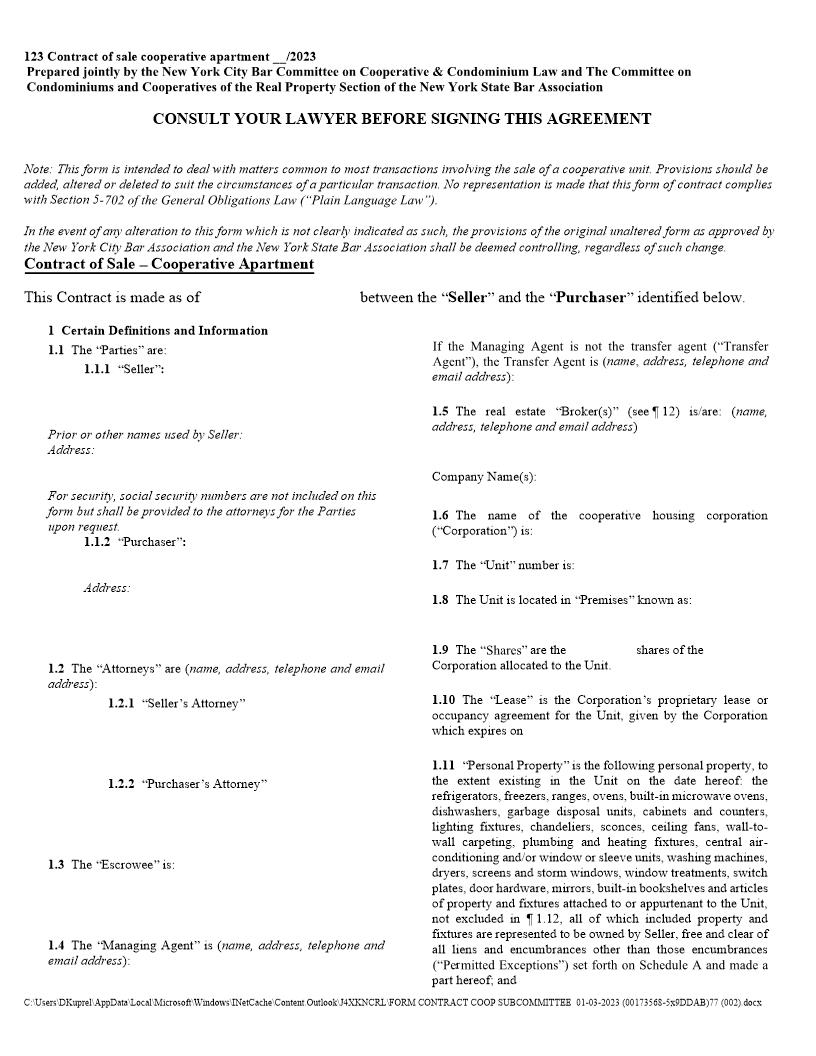 Contract Of Sale - Cooperative Apartment (NYC BAR) | Pdf Fpdf Doc Docx | New York