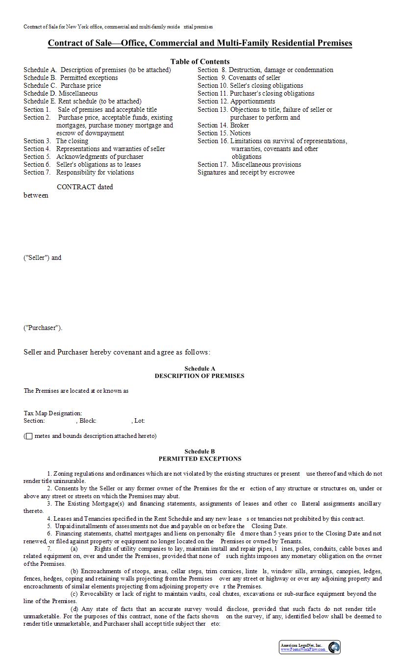 Contract Of Sale Office Commercial MultiFamily With Riders (Short Form) | Pdf Fpdf Docx | New York