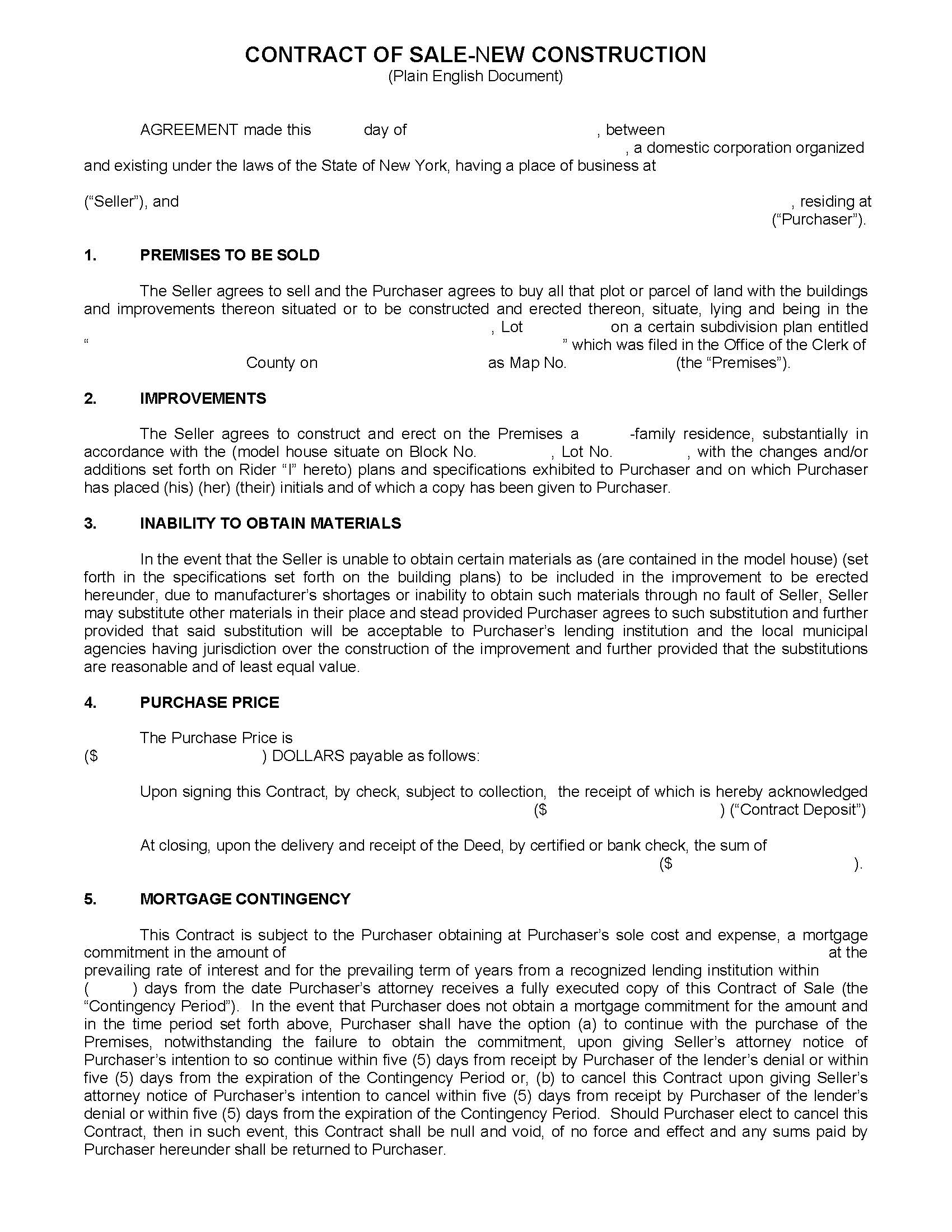 Contract Of Sale-New Construction (Short - Plain English) | Pdf Fpdf Docx | New York