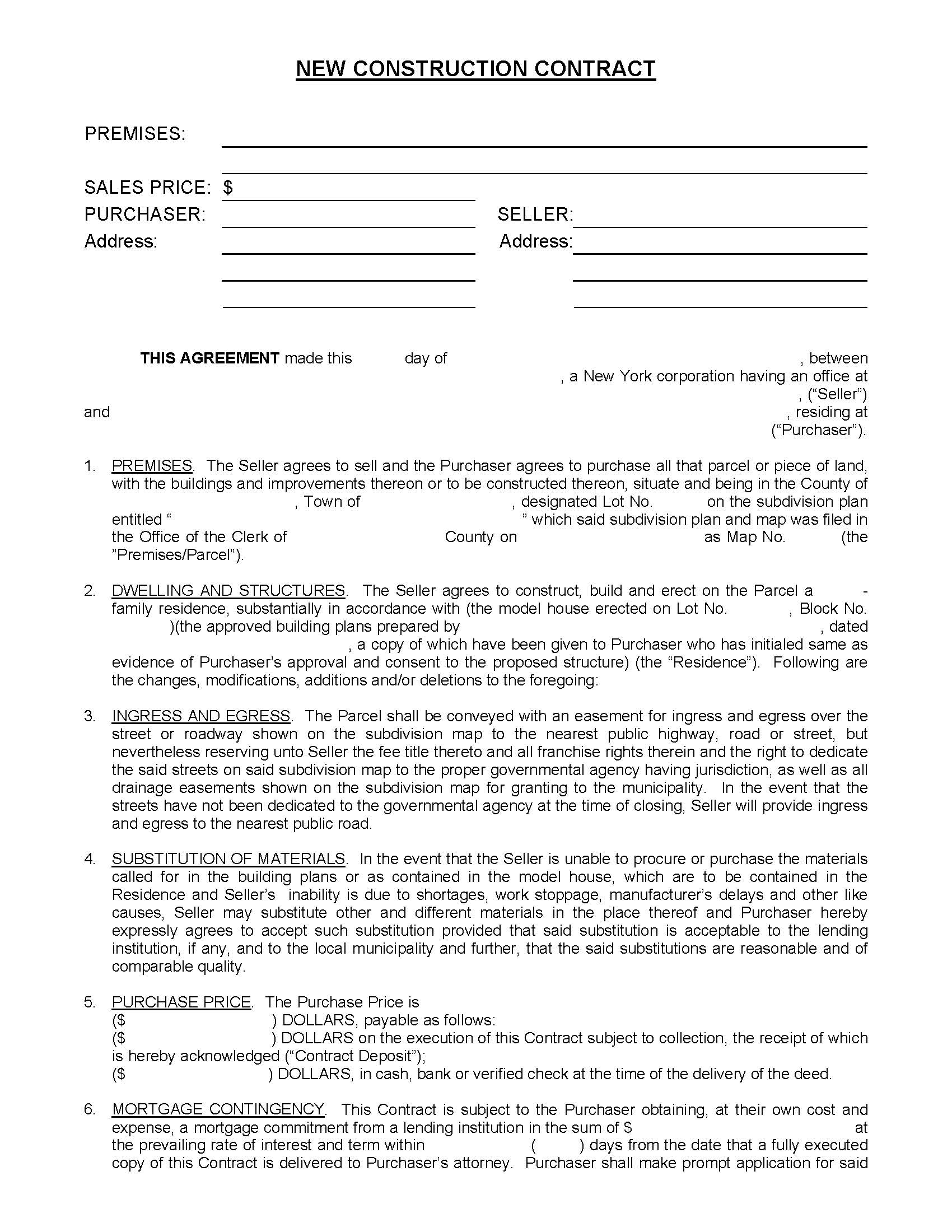 New Construction Contract | Pdf Fpdf Docx | New York