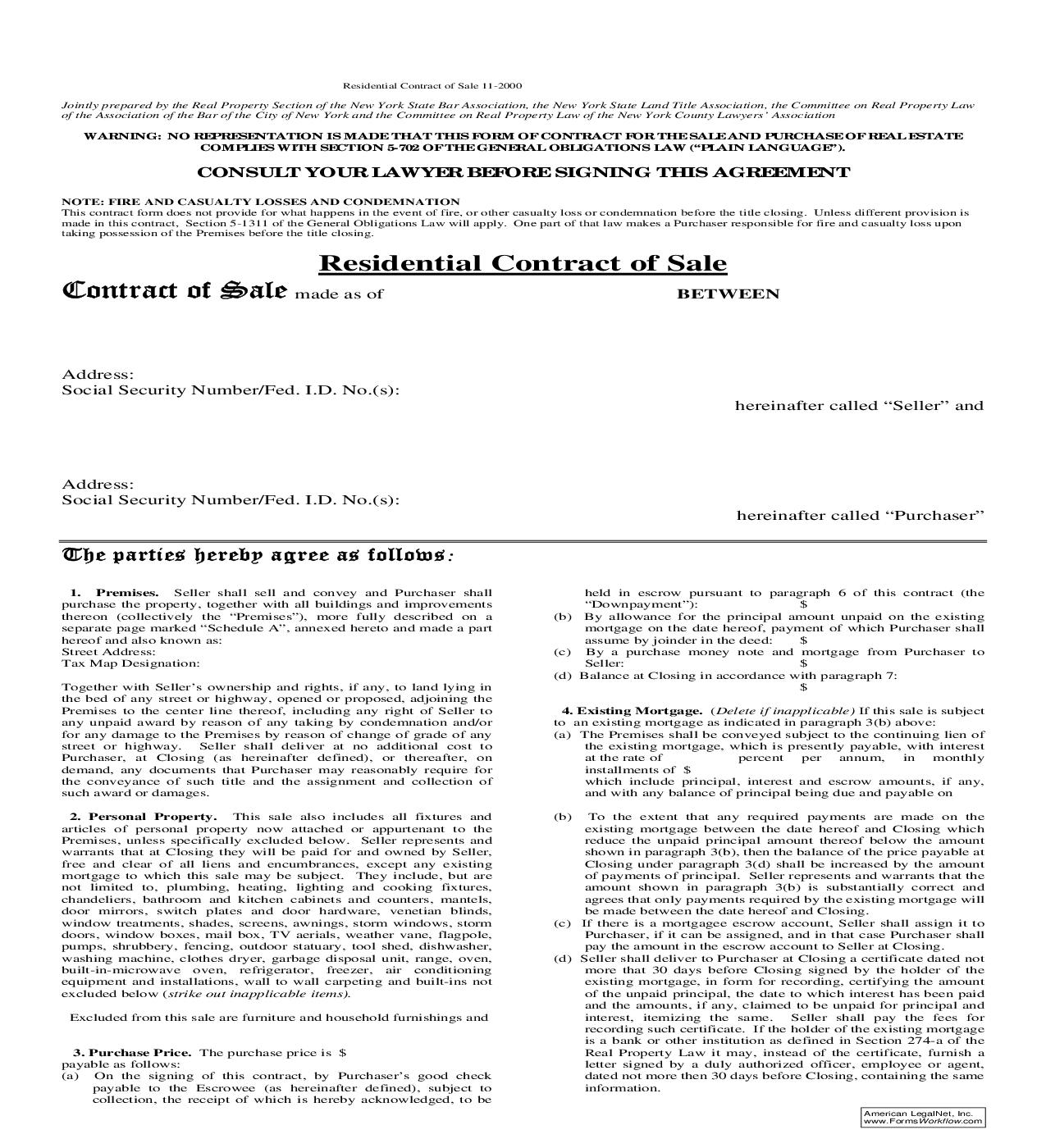 Residential Contract Of Sale 2000 (Short) | Pdf Fpdf Doc Docx | New York