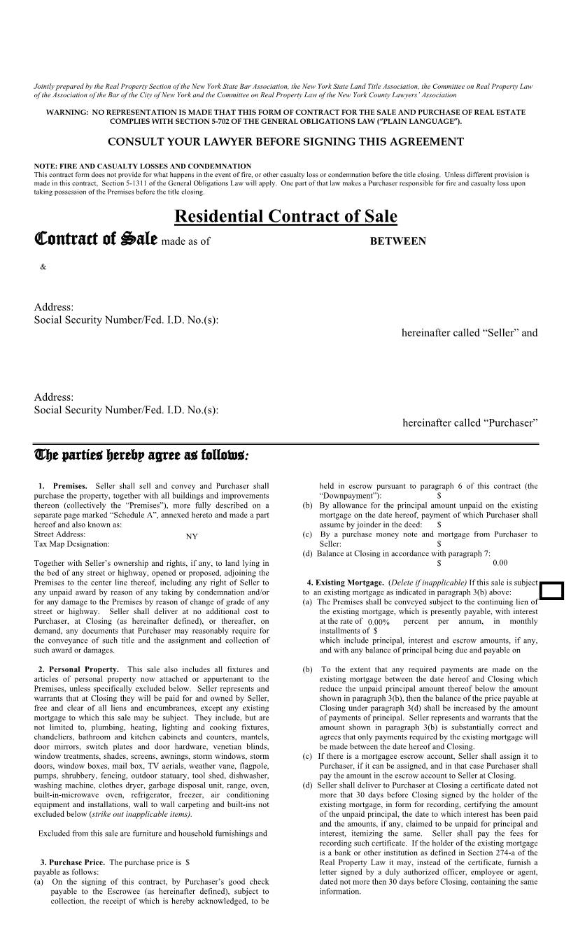 Residential Contract Of Sale | Pdf Fpdf Doc Docx | New York