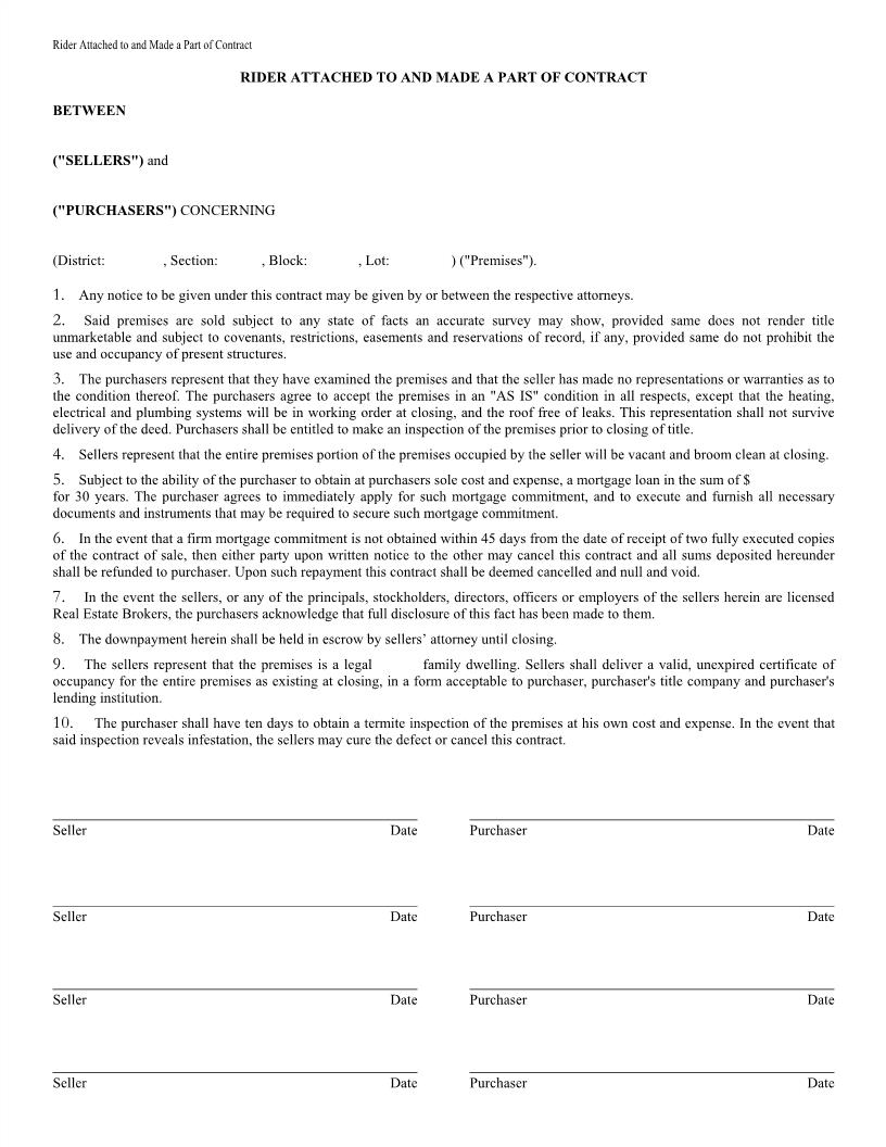 Rider Attached To-Made Part Of Contract (Multi-Family Dwelling) | Pdf Fpdf Docx | New York