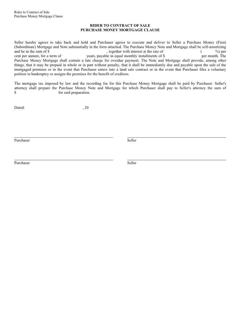Rider To Contract Of Sale Purchase Money Mortgage Clause | Pdf Fpdf Docx | New York