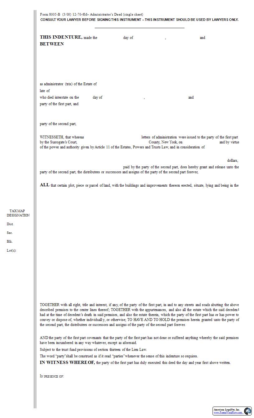 Administrators Deed (Nassau County) {8005-B} | Pdf Fpdf Docx | New York