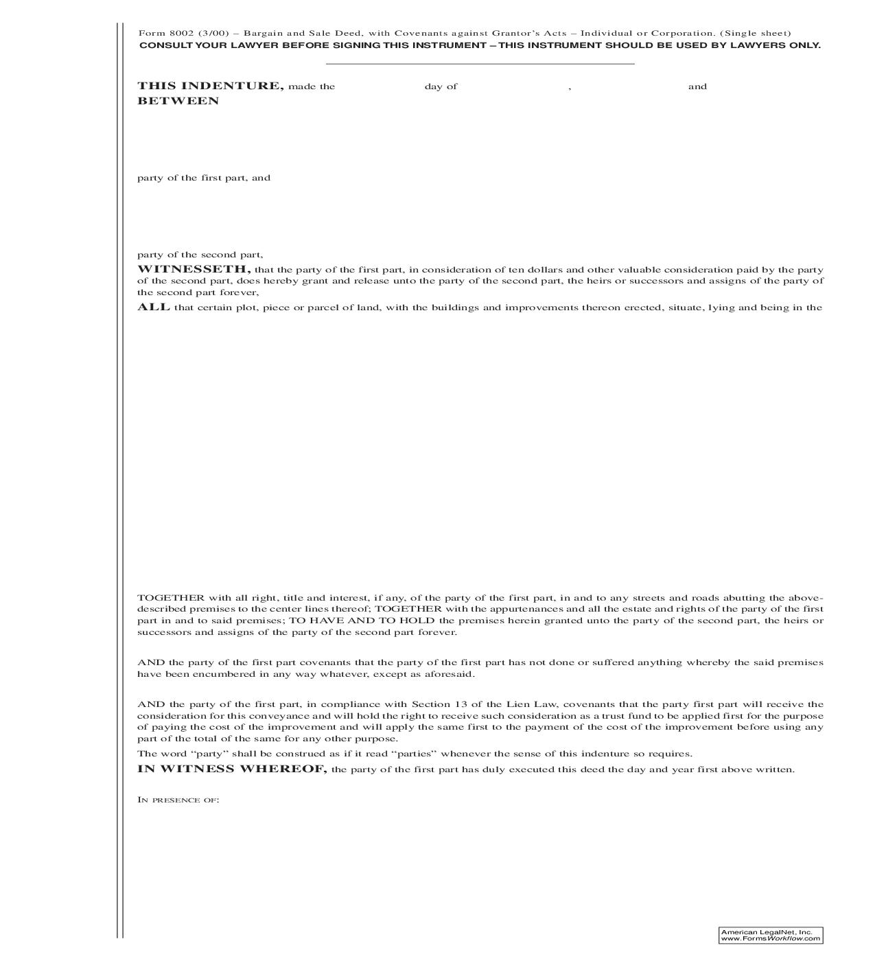 Bargain And Sale Deed With Covenants Against Grantors Acts {8002} | Pdf Fpdf Doc Docx | New York