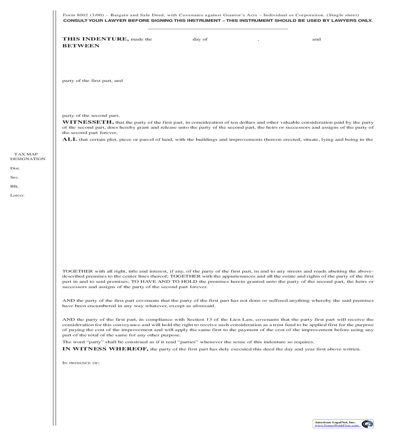 Bargain And Sale Deed With Covenants Against Grantors Acts (Nassau County) {8002} | Pdf Fpdf Doc Docx | New York