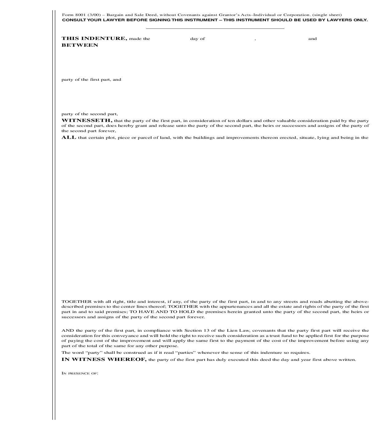 Bargain And Sale Deed Without Covenants Against Grantors Acts {8001} | Pdf Fpdf Doc Docx | New York