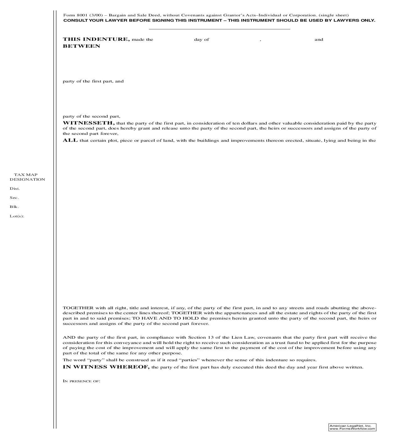 Bargain And Sale Deed Without Covenants Against Grantors Acts (Nassau County) {8001} | Pdf Fpdf Doc Docx | New York