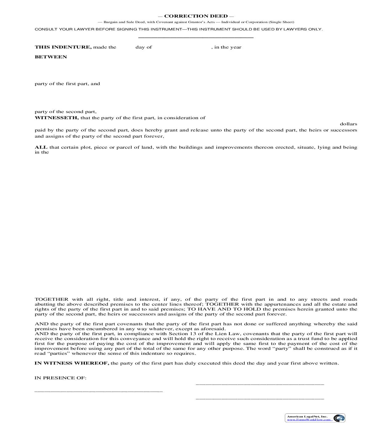 Correction Deed (Bargain And Sale Deed With Covenants) | Pdf Fpdf Doc Docx | New York