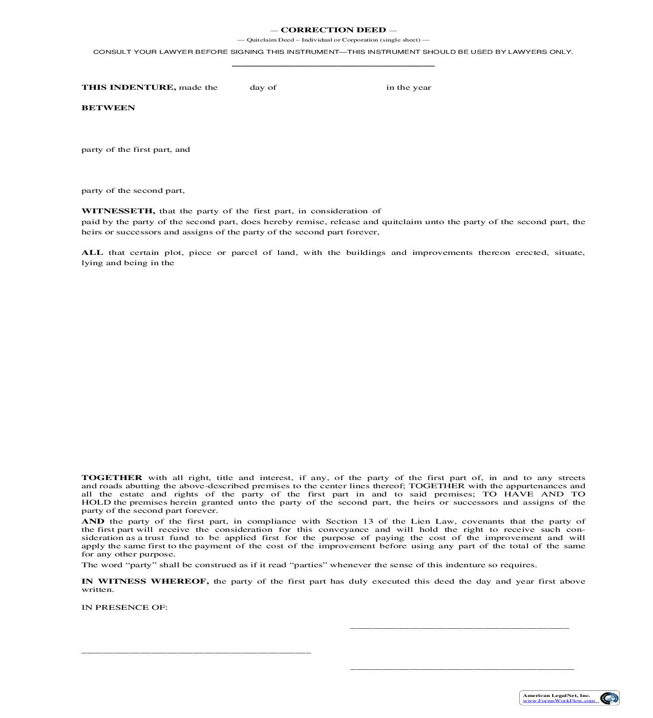 Correction Deed (Quitclaim) | Pdf Fpdf Doc Docx | New York