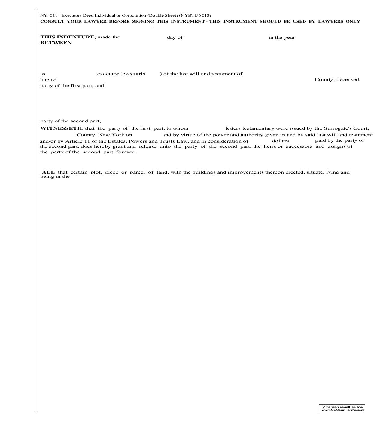 Executors Deed (Double Sheet) {NY 011} | Pdf Fpdf Doc Docx | New York