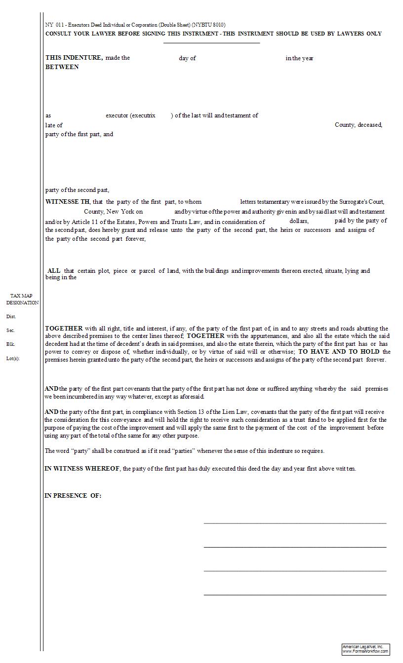 Executors Deed (Double Sheet-Nassau County) {NY 011} | Pdf Fpdf Doc Docx | New York