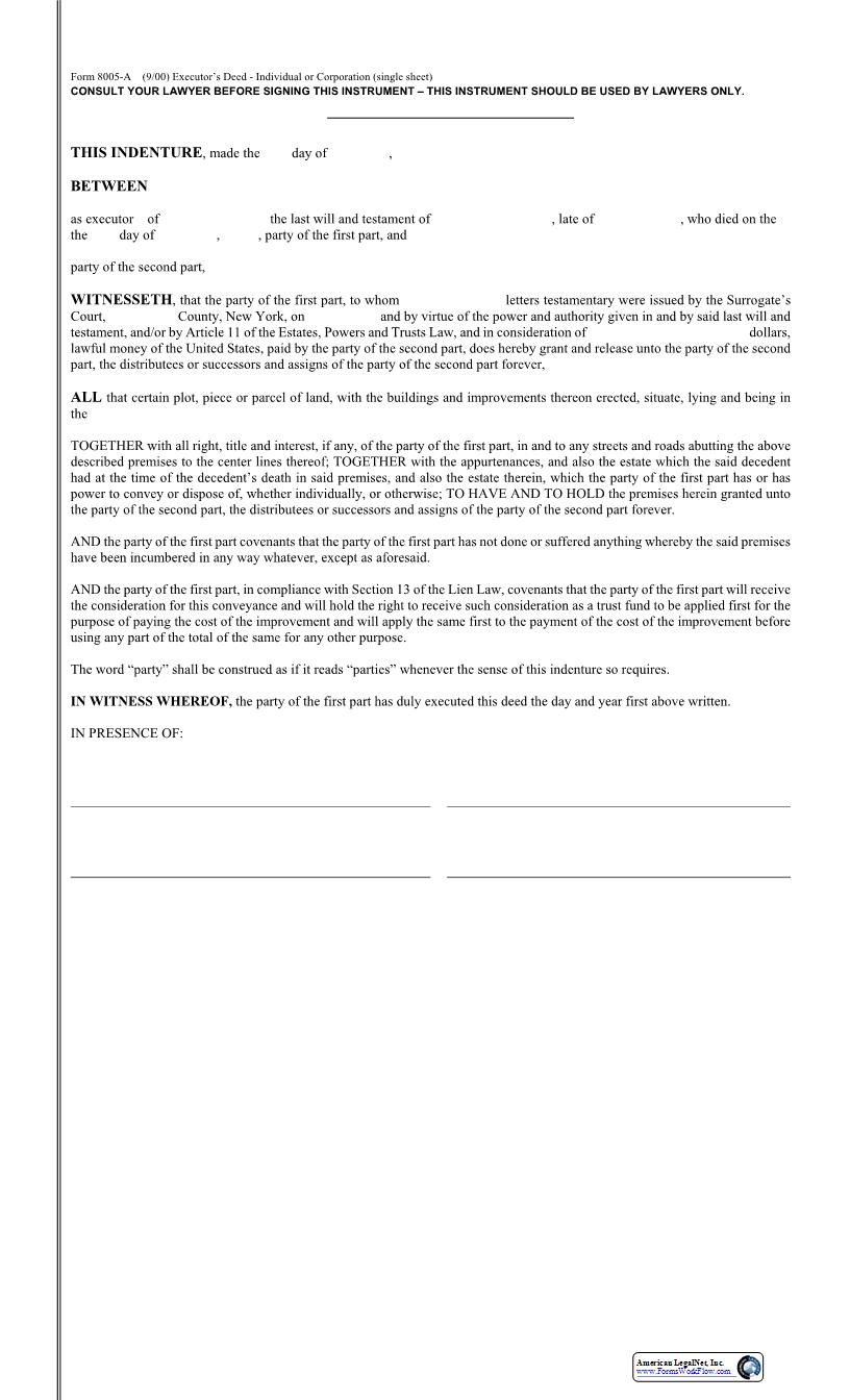 Executors Deed (Single Sheet) {8005-A} | Pdf Fpdf Docx | New York