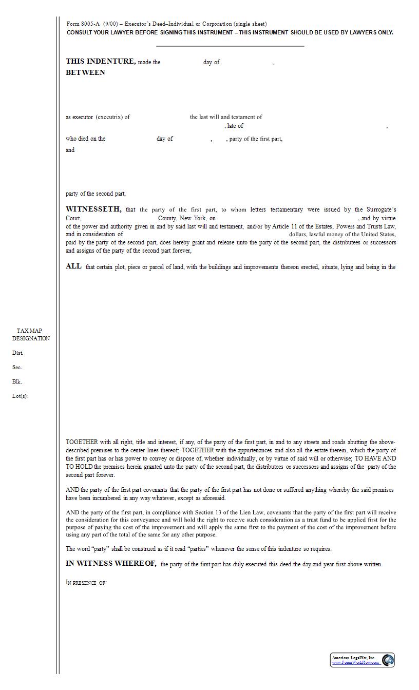 Executors Deed (Single Sheet-Nassau County) {8005-A} | Pdf Fpdf Docx | New York