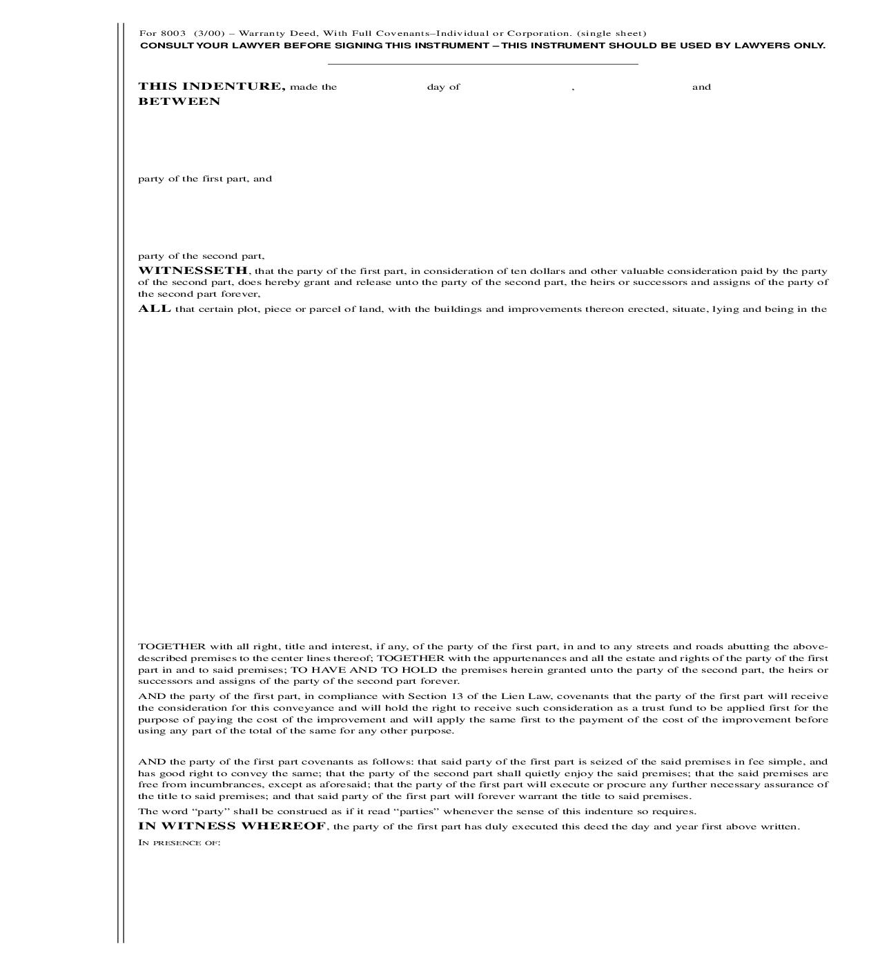 Warranty Deed With Full Covenants {8003} | Pdf Fpdf Doc Docx | New York