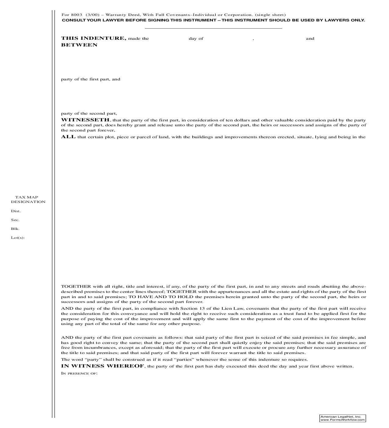 Warranty Deed With Full Covenants (Nassau County) {8003} | Pdf Fpdf Doc Docx | New York