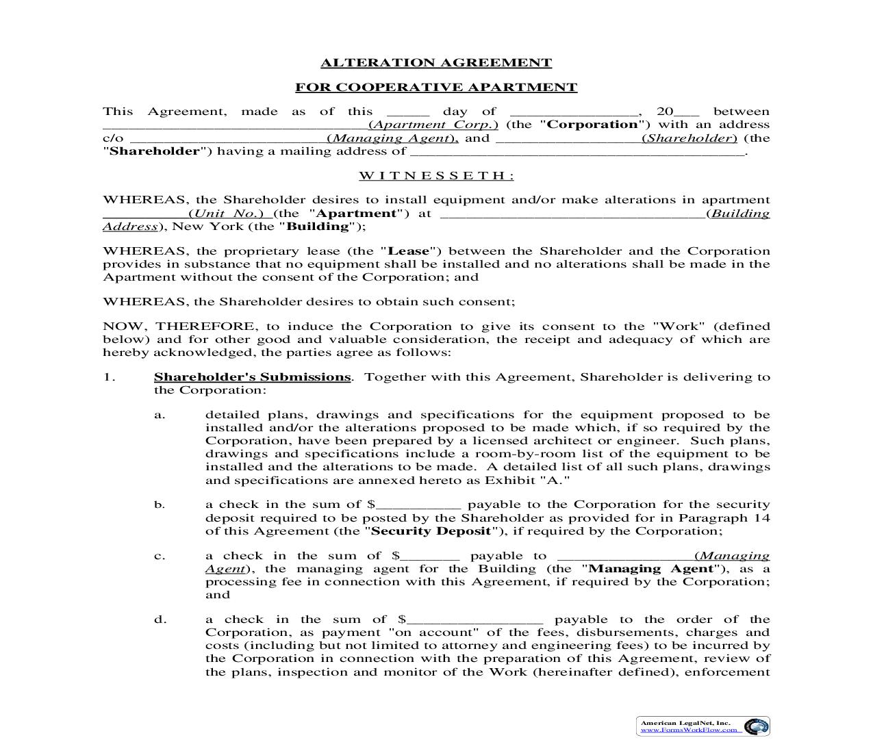 Alteration Agreement For Cooperative Apartment | Pdf Fpdf Doc Docx | New York