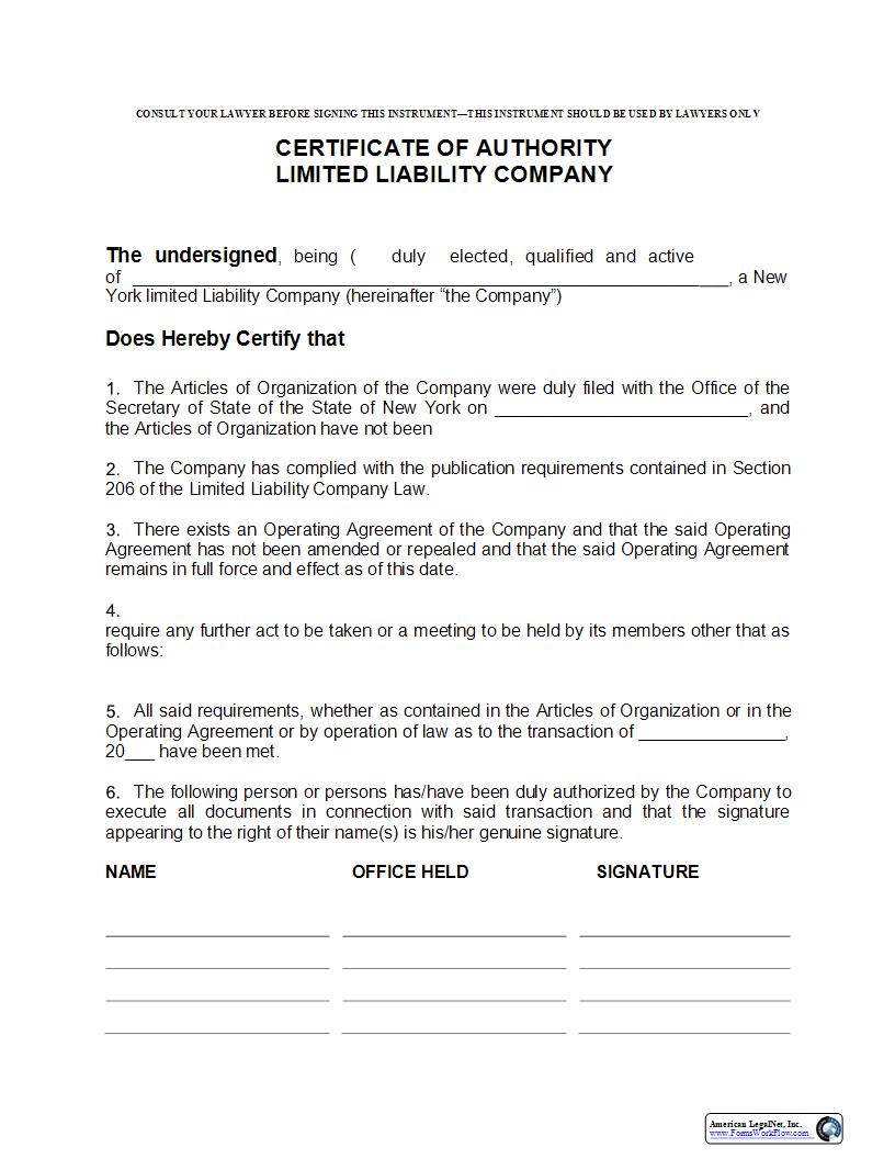 Certificate Of Authority Limited Liability Company | Pdf Fpdf Docx | New York