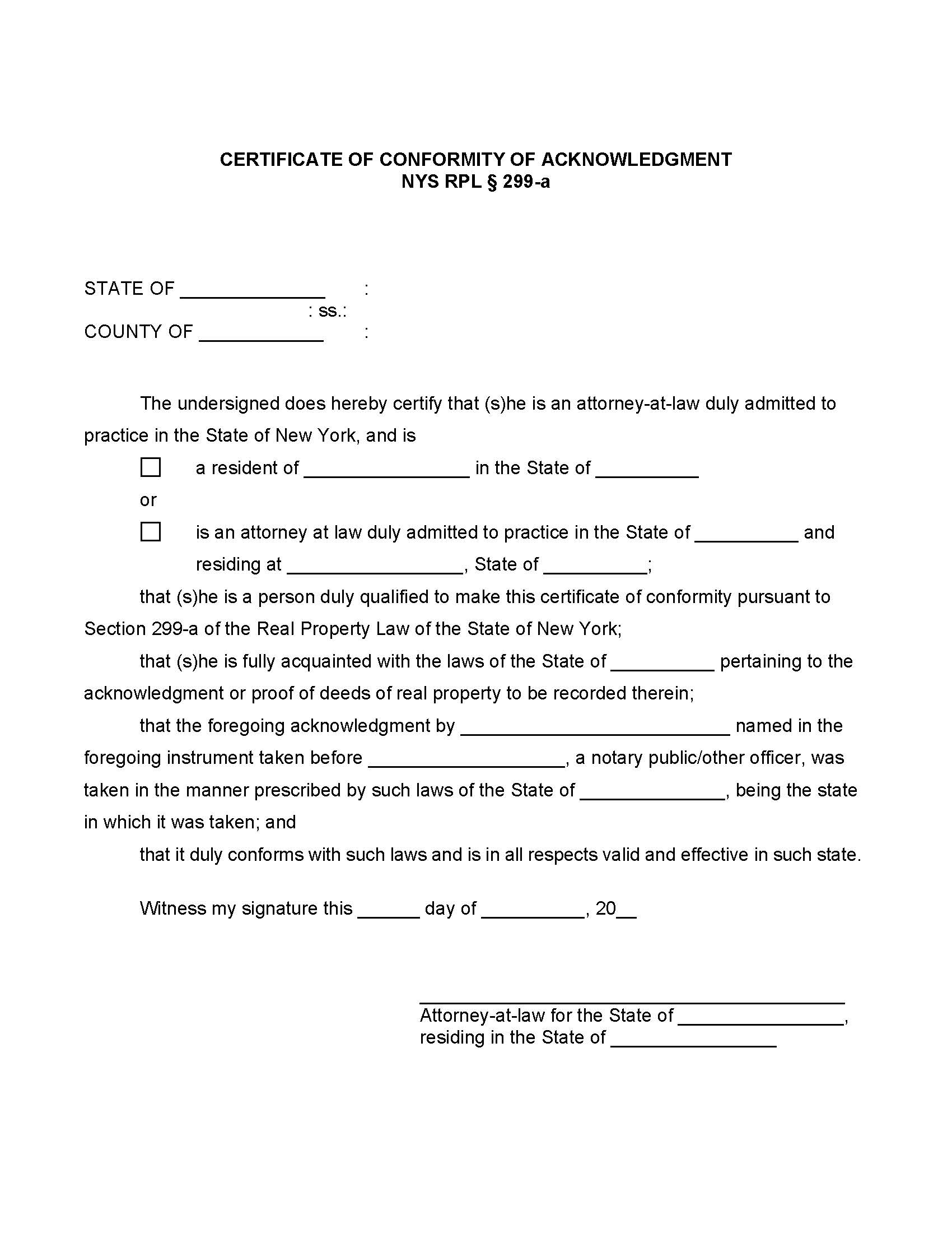 Certificate Of Conformity Of Acknowledgment NYS RPL § 299-a | Pdf Fpdf Docx | New York