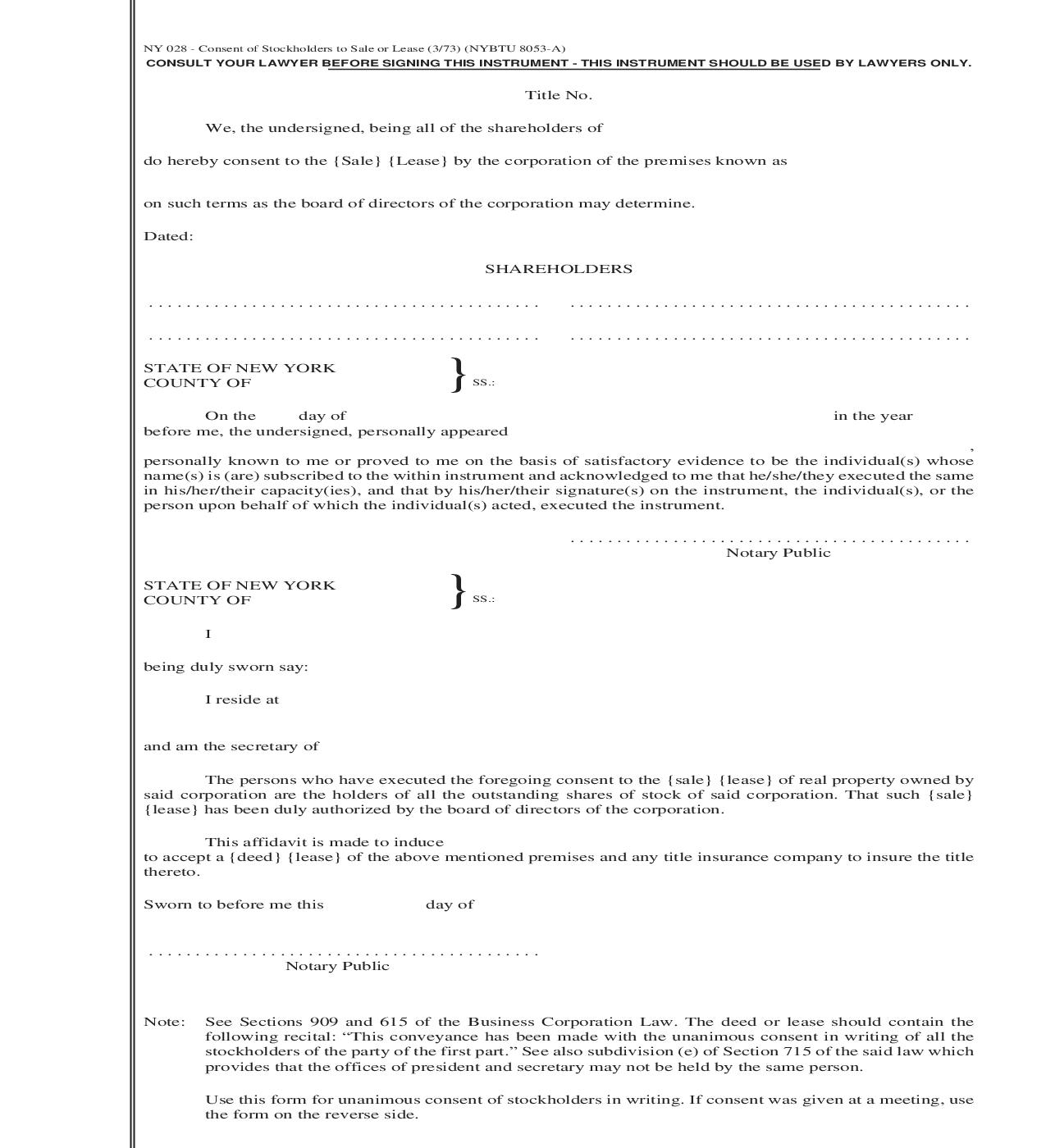 Consent Of Stockholders To Sale Or Lease {NY 028} | Pdf Fpdf Doc Docx | New York