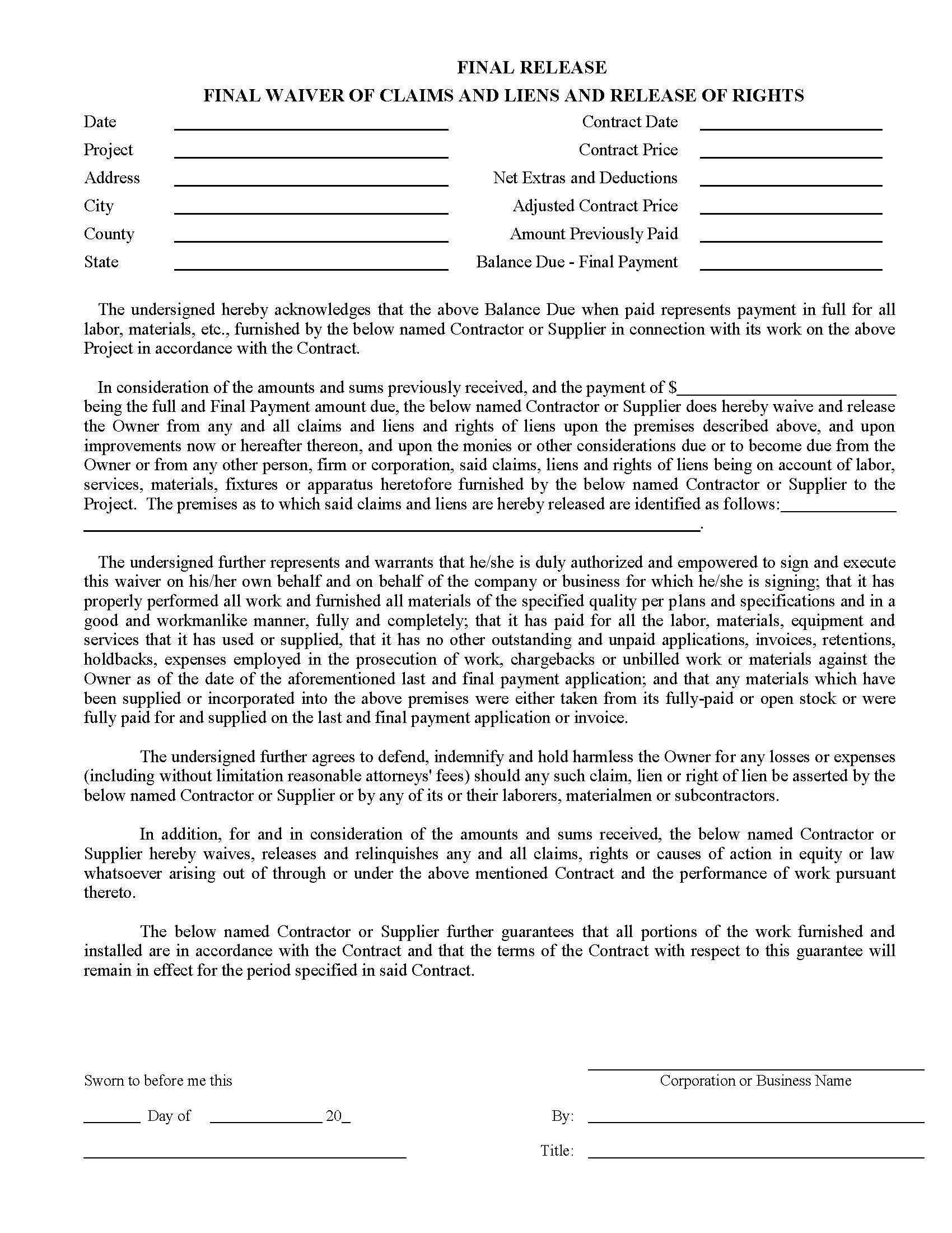 Final Release Final Waiver Of Claims Liens Release Of Rights | Pdf Fpdf Doc Docx | New York