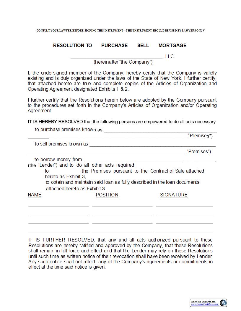 LLC Resolution To Purchase Sell Or Mortgage | Pdf Fpdf Docx | New York