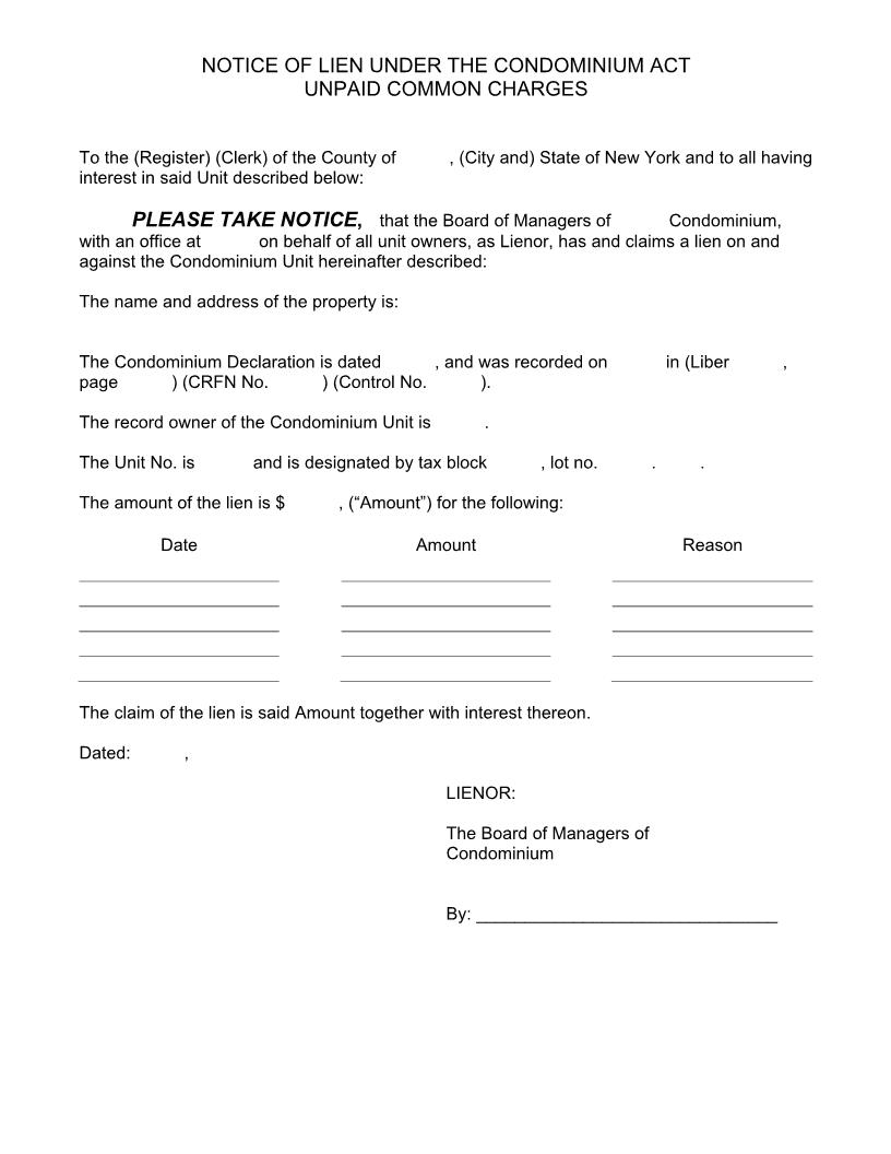 Notice Of Lien Under The Condominium Act Unpaid Common Charges | Pdf Fpdf Docx | New York