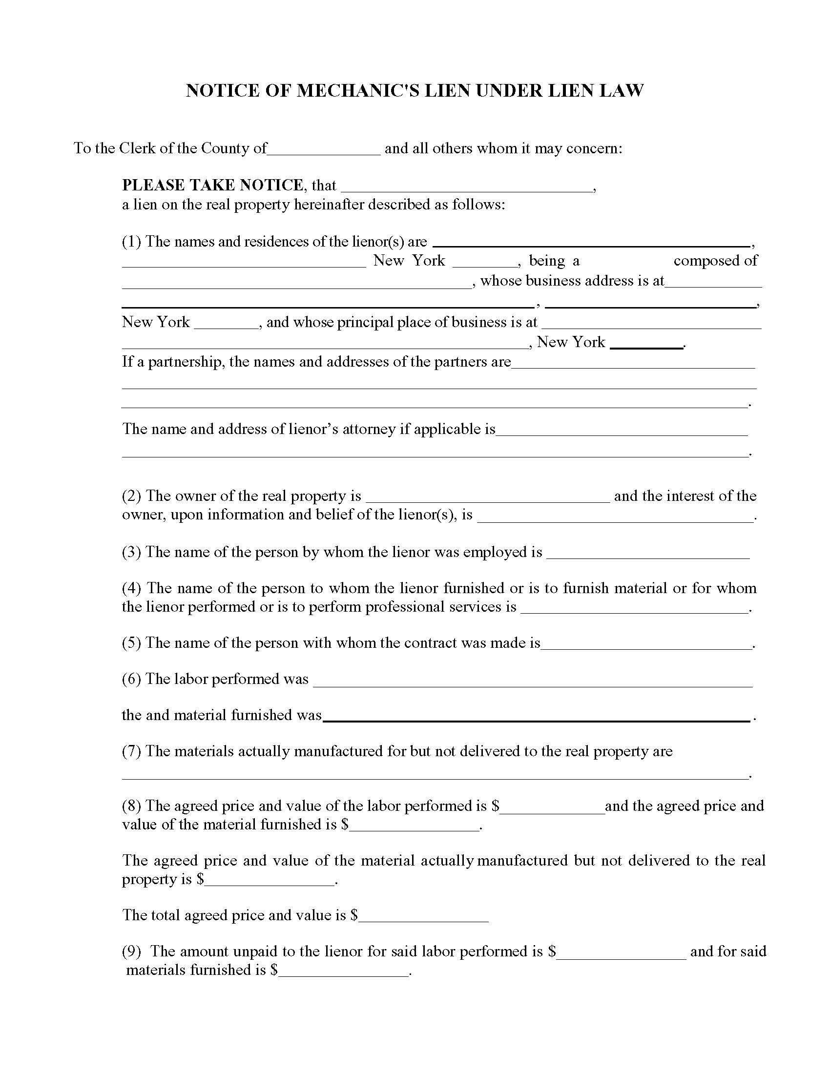 Notice Of Mechanics Lien (New York City) | Pdf Fpdf Doc Docx | New York