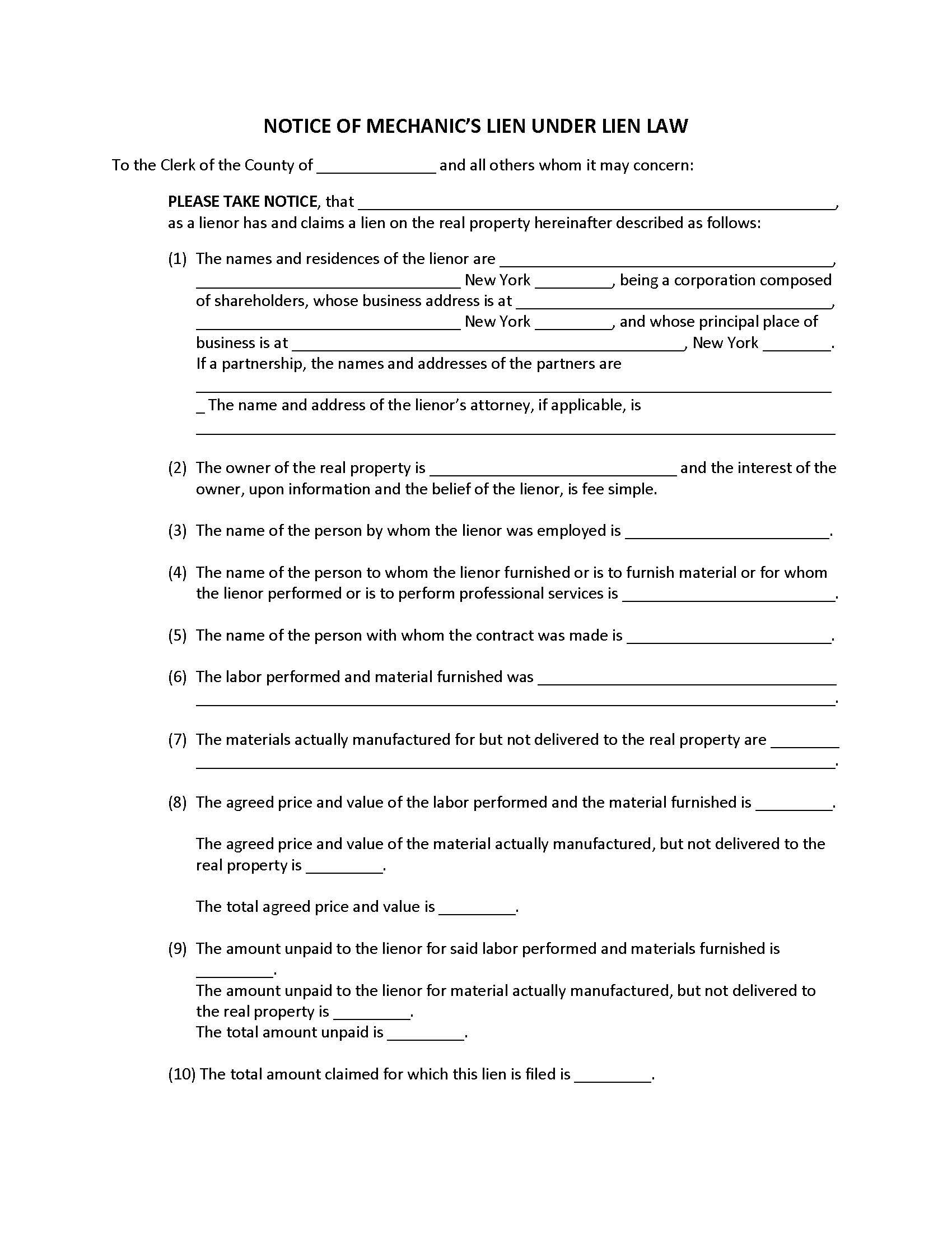 Notice Of Mechanics Lien (Outside New York City) | Pdf Fpdf Doc Docx | New York