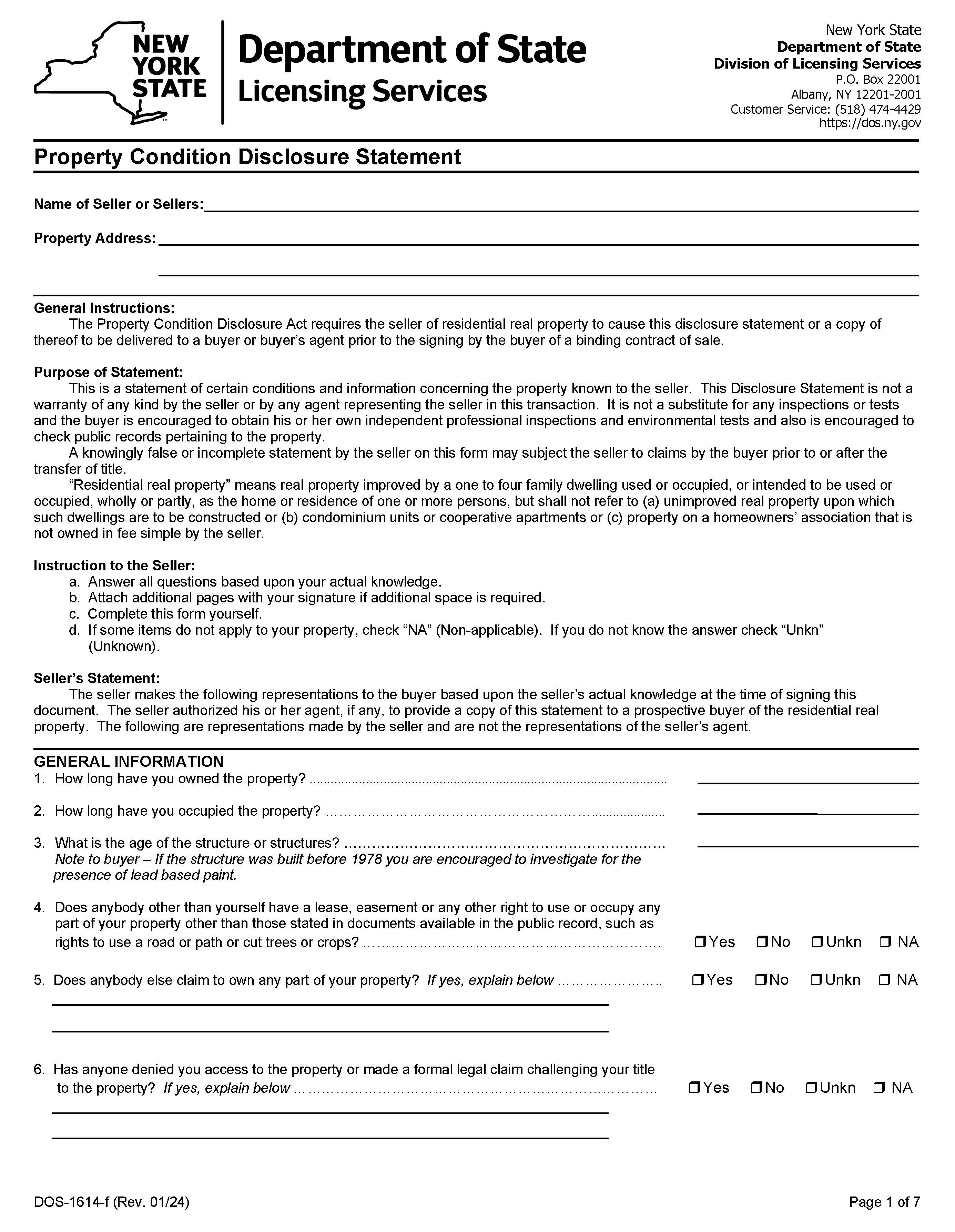 Property Condition Disclosure Statement {DOS-1614-f} | Pdf Fpdf Docx | New York