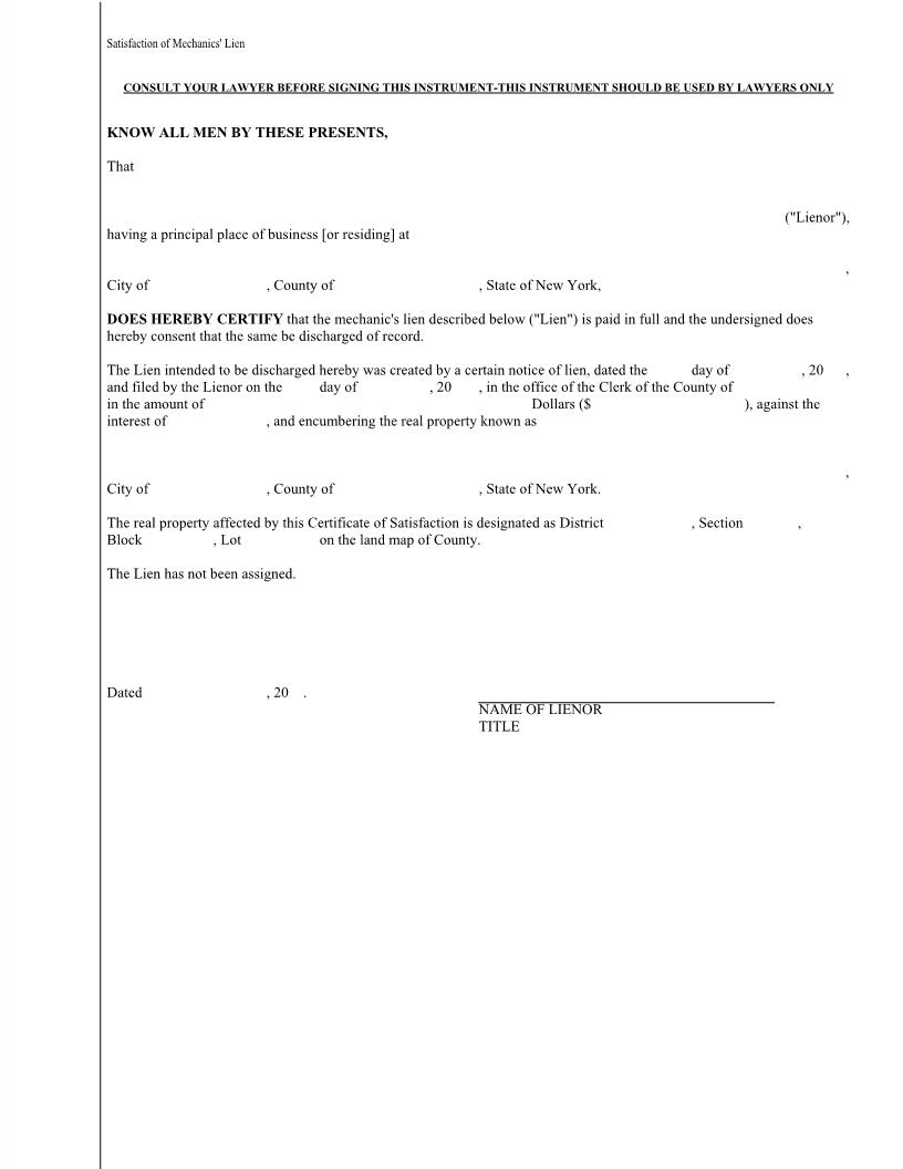 Satisfaction Of Mechanics Lien | Pdf Fpdf Doc Docx | New York