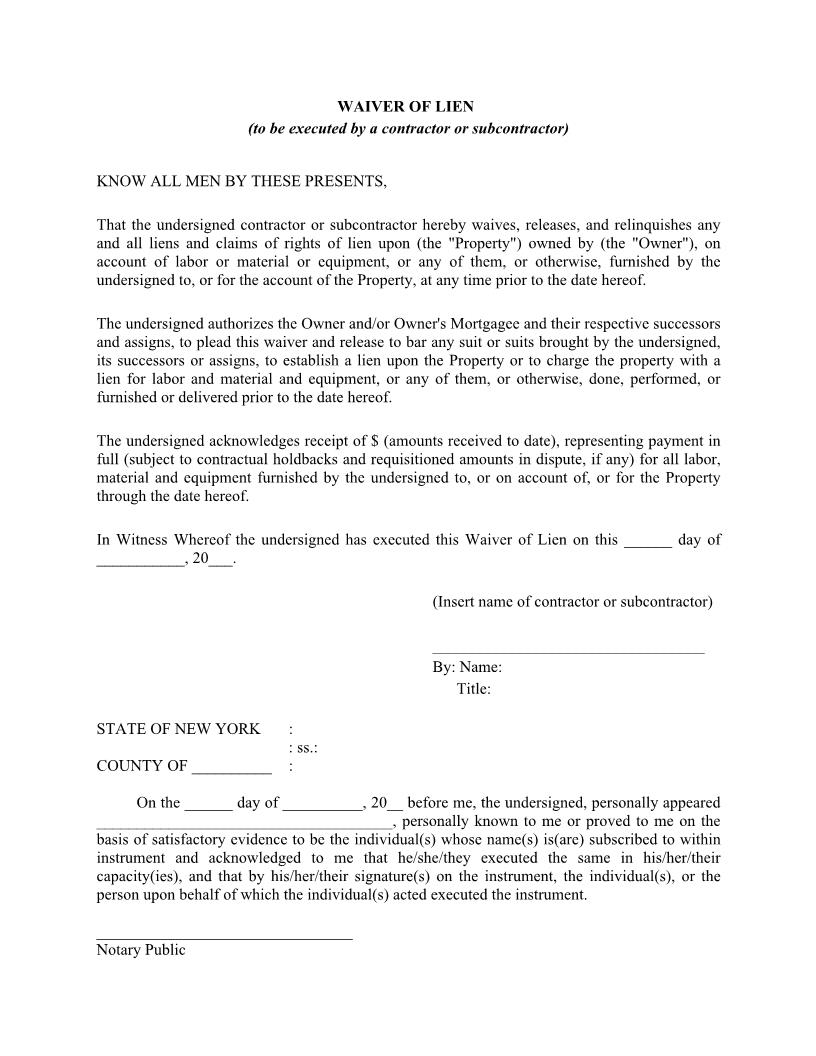Waiver Of Lien (Executed By Contractor Or Subcontractor) | Pdf Fpdf Docx | New York
